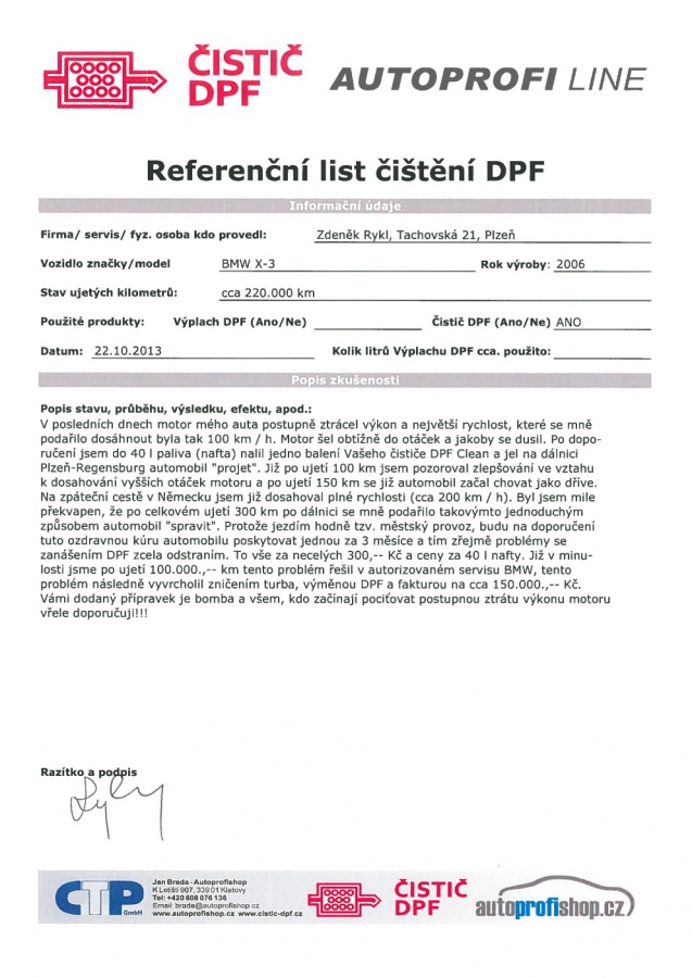 Referenční list na Čistič DPF - Zdeněk Rykl - BMW X3